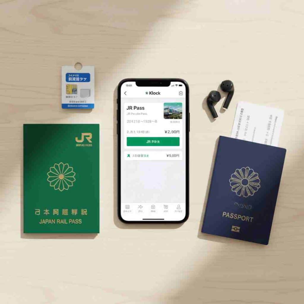 สิ่งที่ต้องเตรียมก่อนไปญี่ปุ่น วางบนโต๊ะไม้ ประกอบด้วย JR Pass, สมาร์ทโฟนที่เปิดแอป Klook, และ SIM card