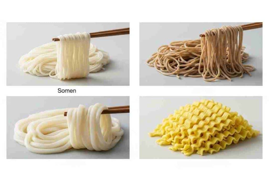 าพเปรียบเทียบเส้นบะหมี่เย็น 4 ชนิด: โซเมน, โซบะ, อุด้ง, และเส้นราเม็ง