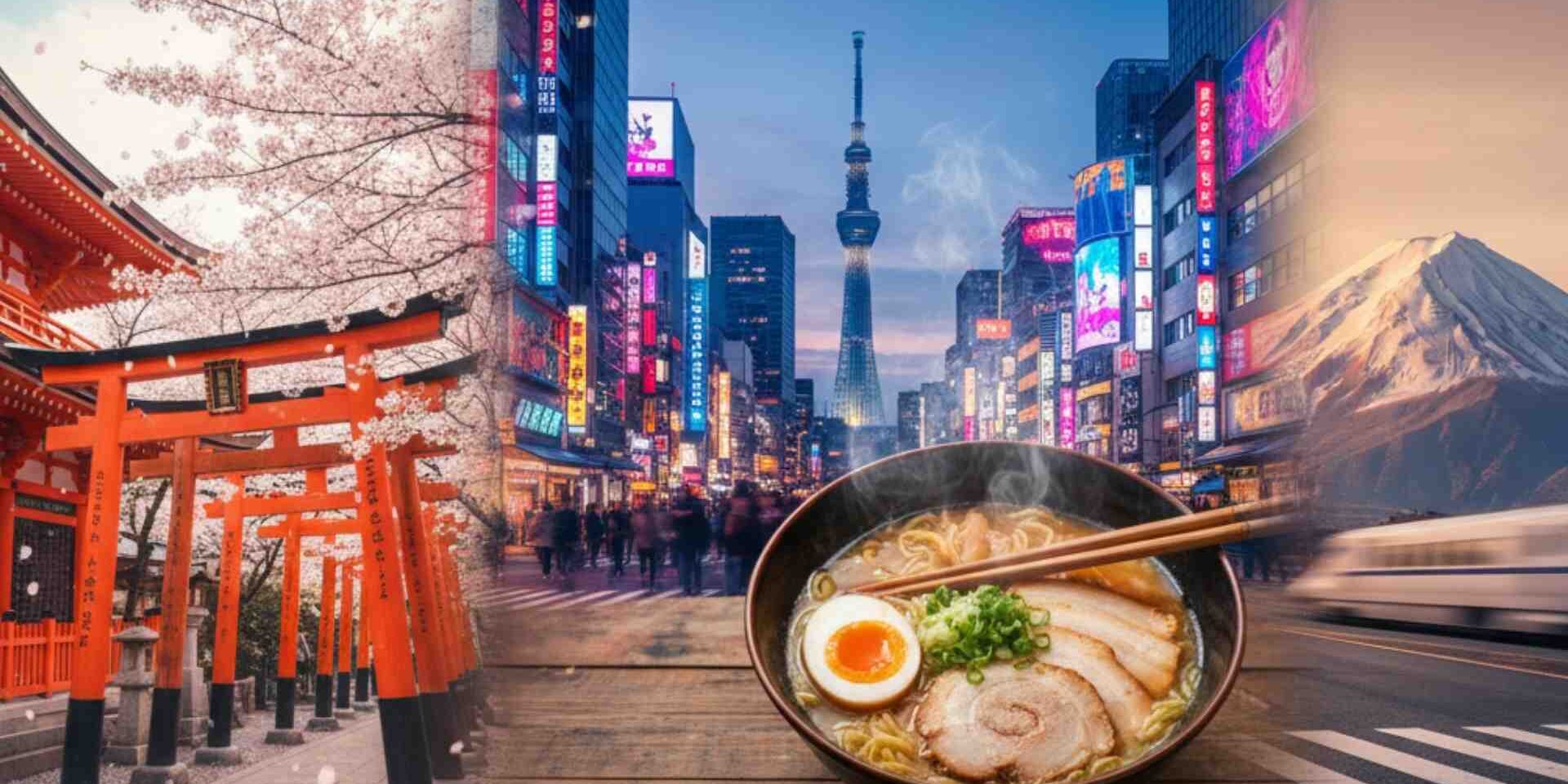 คู่มือเที่ยวญี่ปุ่น 2025 ที่รวมภาพสัญลักษณ์สำคัญทั้งภูเขาไฟฟูจิ, วัดในเกียวโต, และแสงสีของโตเกียว
