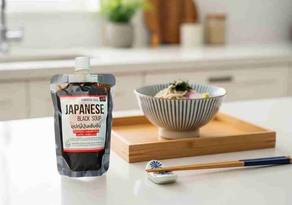 ขวดซอสบะหมี่เย็นสึยุสูตรต้นตำรับ วางคู่กับชุดบะหมี่เย็นซารุโซบะที่พร้อมรับประทาน