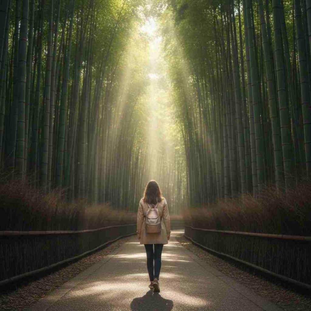 นักท่องเที่ยวเดินอยู่ท่ามกลางป่าไผ่ อาราชิยามะ ในเกียวโต พร้อมแสงแดดที่ส่องลงมาเป็นลำ