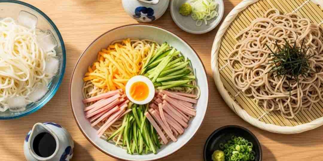 ภาพรวมบะหมี่เย็นญี่ปุ่น 3 ชนิด ได้แก่ ฮิยาชิชูกะ โซเมน และซารุโซบะ จัดวางอย่างสวยงามพร้อมเครื่องเคียง