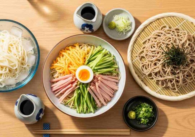 ภาพรวมบะหมี่เย็นญี่ปุ่น 3 ชนิด ได้แก่ ฮิยาชิชูกะ โซเมน และซารุโซบะ จัดวางอย่างสวยงามพร้อมเครื่องเคียง