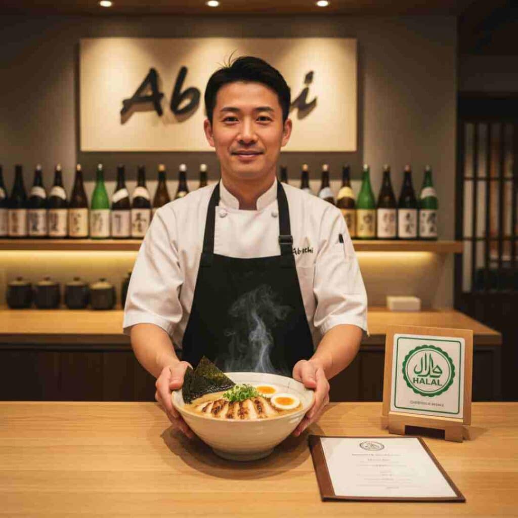 เชฟชาวญี่ปุ่นในร้านอาหาร กำลังเสิร์ฟราเม็งฮาลาลอย่างเป็นมิตร พร้อมป้ายสัญลักษณ์ฮาลาลบนเคาน์เตอร์