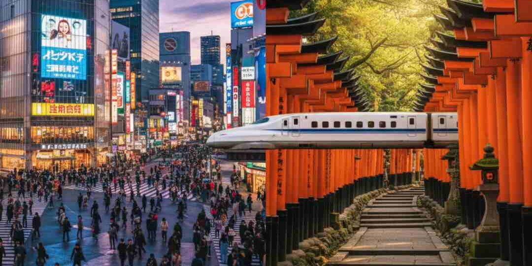 แผนเที่ยวญี่ปุ่น 7 วัน โตเกียว-โอซาก้า-เกียวโต ภาพคอลลาจแผนเที่ยวญี่ปุ่น 7 วัน แสดงห้าแยกชิบูย่าในโตเกียวตอนกลางคืนและอุโมงค์เสาโทริอิที่ศาลเจ้าฟูชิมิอินาริในเกียวโต