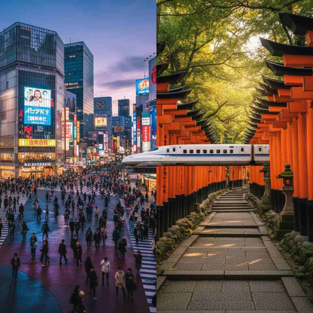 แผนเที่ยวญี่ปุ่น 7 วัน โตเกียว-โอซาก้า-เกียวโต ภาพคอลลาจแผนเที่ยวญี่ปุ่น 7 วัน แสดงห้าแยกชิบูย่าในโตเกียวตอนกลางคืนและอุโมงค์เสาโทริอิที่ศาลเจ้าฟูชิมิอินาริในเกียวโต