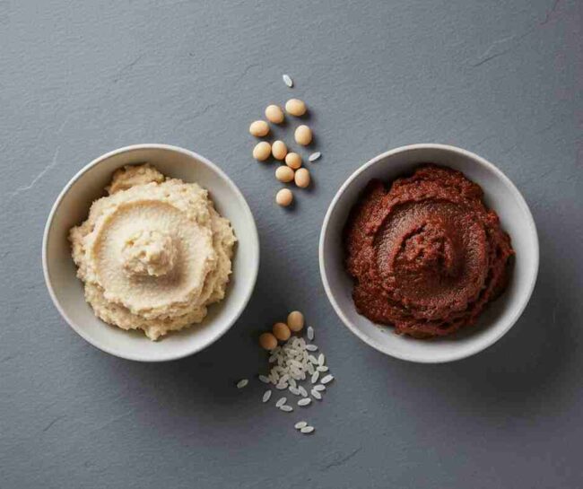 ภาพเปรียบเทียบระหว่างชิโระมิโซะ (มิโซะขาว) สีอ่อน กับอะคามิโซะ (มิโซะแดง) สีน้ำตาลเข้ม