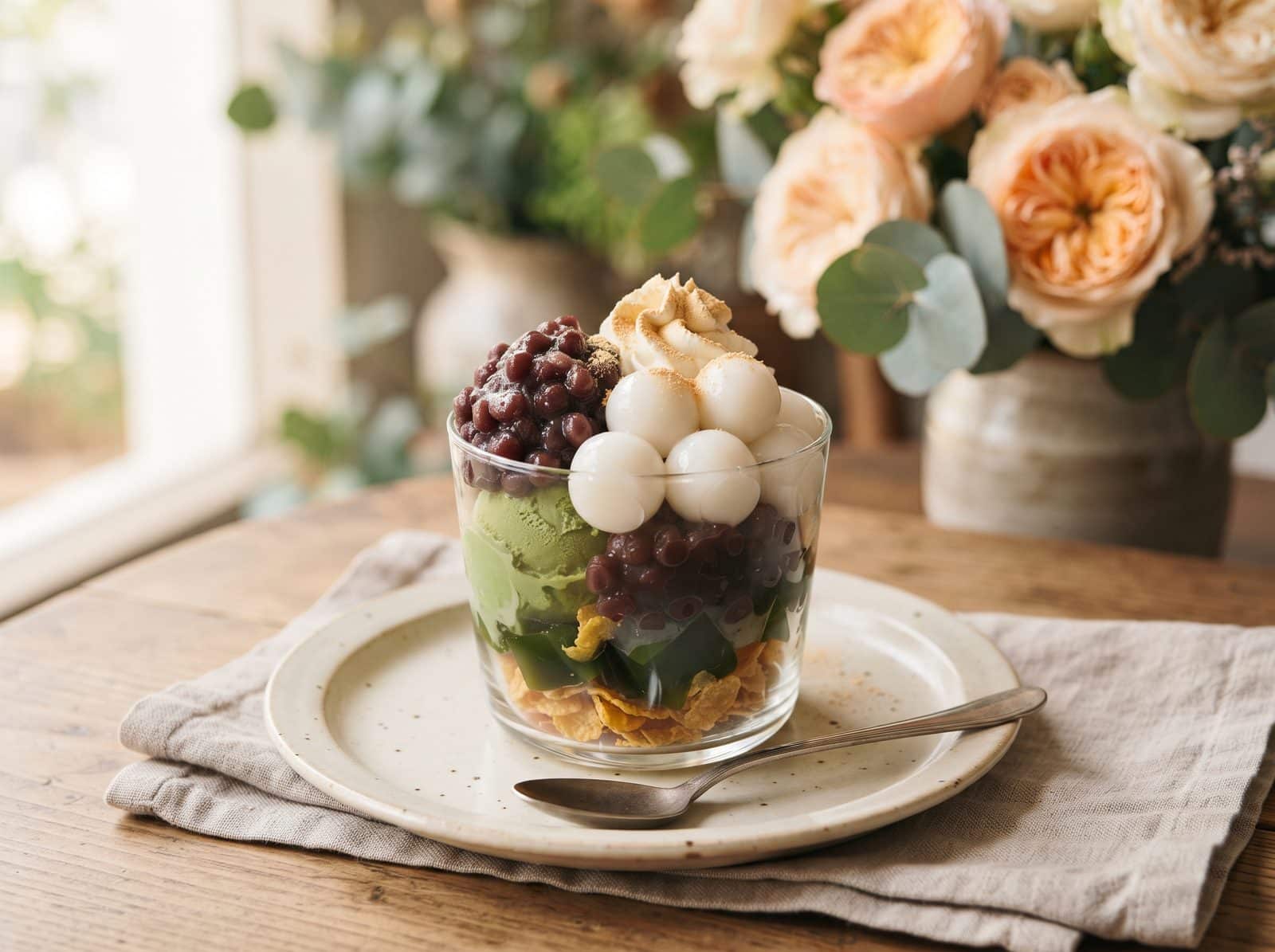 พาเฟ่มัทฉะญี่ปุ่นจัดสดหน้างาน ไอศครีมชาเขียว ถั่วแดง ชิราทามะขาว วิปครีม คินาโกะ